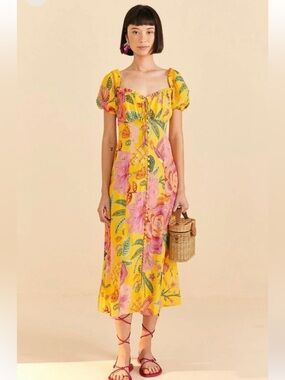FARM Rio Yellow Macaw Bloom Puff-Sleeve Midi Dress